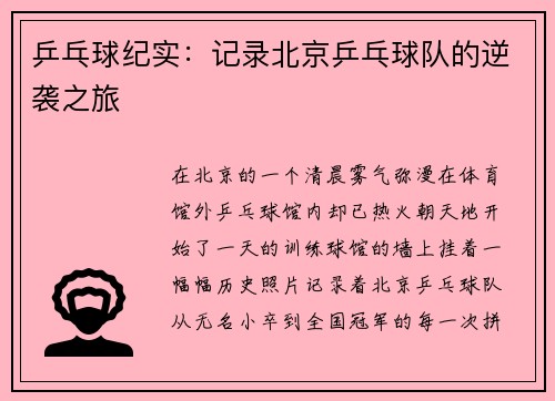 乒乓球纪实：记录北京乒乓球队的逆袭之旅