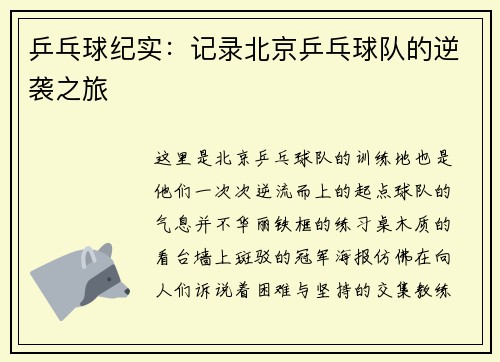 乒乓球纪实：记录北京乒乓球队的逆袭之旅